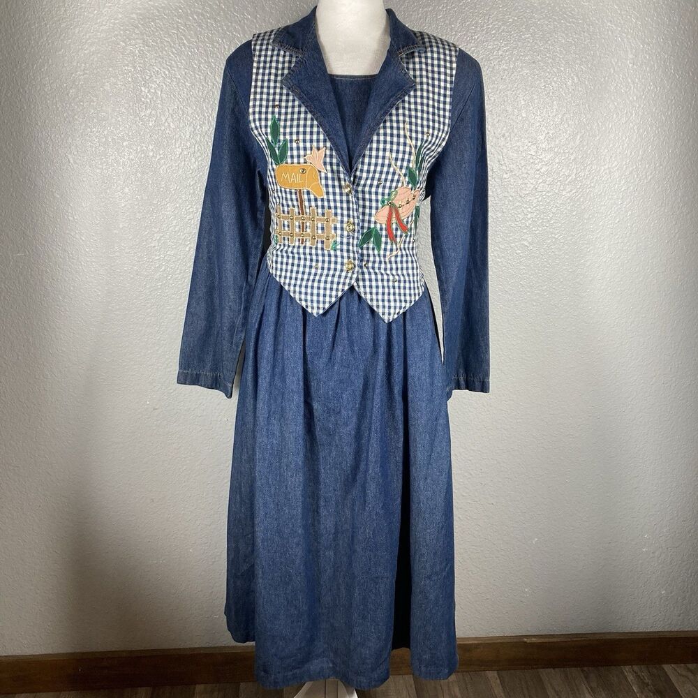 Prairie Cottagecore Denim Dress L Womens Blue Embroidered Garden Vest Milkmaid